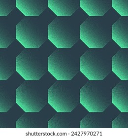 Octágonos Cuadrícula Geométrica Sin Costura Patrón Tendencia Vector Turquesa Fondo Abstracto. Ilustración futurista del arte del semitono de la ciencia ficción. Fondo de pantalla de abstracción digital gráfico repetitivo Punto de trabajo Textura