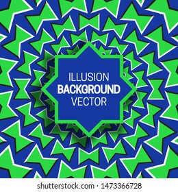Octagram frame on green blue optical illusion background of moving bows shapes.