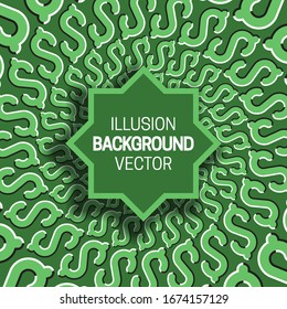 Octagram frame on green optical illusion. Hypnotic background of rotating dollar sign.