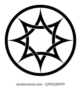 Octagram with interlaced curved arcs, an eight pointed star in a circle frame. Two interwoven arched squares, based on Star of Venus, a symbol for Sumerian goddess Inanna and the East Semitic Ishtar.