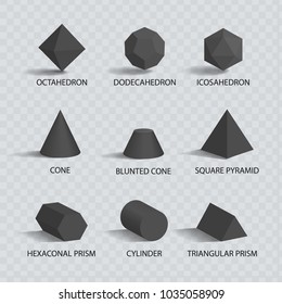 Octahedron and dodecahedron, shapes icosahedron blunted cone, pyramid and hexagonal prism, cylinder and cone, geometric shapes vector illustration