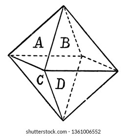 An octahedron or double pyramid diagram with four sides. It is a polyhedron with eight faces. It is the main form of the isometric system, vintage line drawing or engraving illustration.