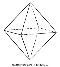 An octahedron or double pyramid diagram with four sides. It is a polyhedron with eight faces. It is the main form of the isometric system, vintage line drawing or engraving illustration.