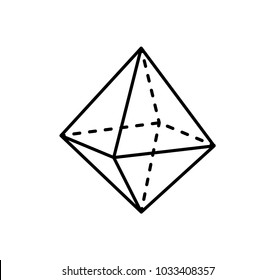 Octahedron geometric shape projection of dashed and straight lines on sides, three dimensional form vector illustration isolated on white background