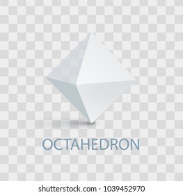 Octahedron geometric shape with sides, headline and image with shade above, three dimensional form vector illustration isolated on transparent background