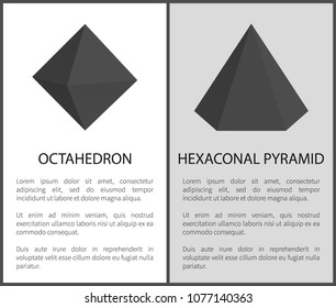 Octahedron hexagonal pyramid vector illustrations set of geometric solid figures on posters with text, 3D tetrahedron maths shapes