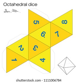 Octahedron template, octahedral dice - one of the five platonic solids - make a 3d item with eight sides out of the net and play dice. Illustration on white background.