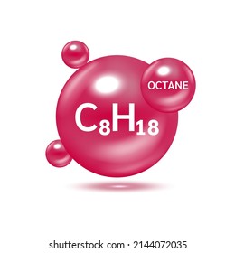 Octane gas (C8H18) molecule models and Physical chemical formulas. Natural gas combustible gaseous fuel. Ecology and biochemistry science concept. Isolated on white background. 3D Vector Illustration.