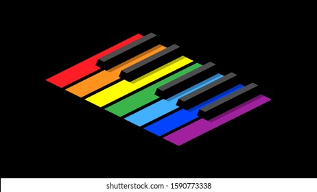 Octave piano keyboard for icons or logo on a dark background. Isometric style image. Seven colors of the rainbow on each key.