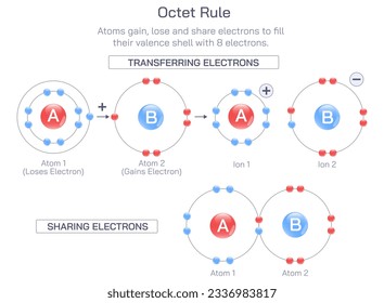 The octet rule dictates that atoms are most stable when their valence shells are filled with eight electrons. vector illustration. Main group elements have a tendency to participate in chemical bond.