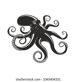 Octipus marine mollusk animal vector silhouette icon. Ocean Octopus with arms tentacles symbol for seafood restaurant or fish food and fishing market or zoology design template