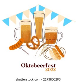 Octobeerfest 2022 illustration with stylized beer mugs, with traditional snacks  pretzel and grilled sausage on white background