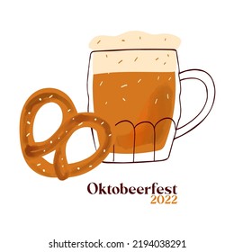 Octobeerfest 2022 illustration with stylized beer mugs, with traditional snacks pretzel isolated on white background