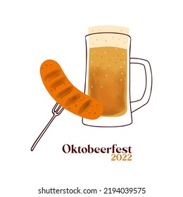 Octobeerfest 2022 illustration with stylized beer mugs and  sausage on a fork  isolated on white background