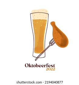 Octobeerfest 2022 illustration with stylized beer mug and  grilled chicken on a fork  isolated on white background
