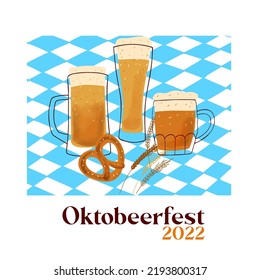 Octobeerfest illustration with stylized beer mugs and pretzel snacks on blue background