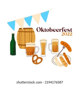 Octobeerfest illustration with stylized mug of beer,  Pretzel snack and grilled sausage on white background