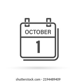 October 1, Calendar icon with shadow. Day, month. Flat vector illustration.