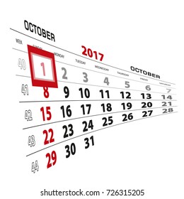October 1, highlighted on 2017 calendar. Week starts from Sunday. Vector Illustration.