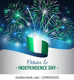 October 1, nigeria independence day, vector template with nigerian flag and colorful fireworks on blue night sky background. Nigeria national holiday october 1st. Independence day greeting card