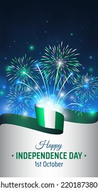 October 1, nigeria independence day, vector template with nigerian flag and colorful fireworks on blue night sky background. Nigeria national holiday october 1st. Independence day greeting card