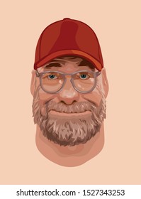 October 10, 2019 : Caricature Painting Jurgen Klopp, Liverpool Football Club Coach In The English Premier League, Vector Illustration.