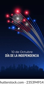 October 10th, independence day cuba, cuban flag fireworks on blue night sky background. Cuba national holiday. Greeting card. Vector. Translation: October 10th Independence Day