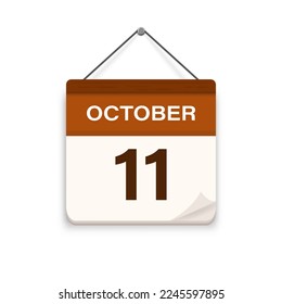 October 11, Calendar icon with shadow. Day, month. Meeting appointment time. Event schedule date. Flat vector illustration. 