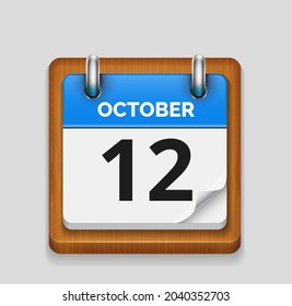 October 12 blue daily realistic calendar with wooden frame icon date vector image