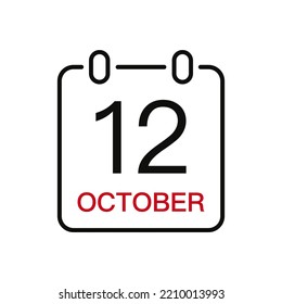 October 12 date on the calendar, vector line stroke icon for user interface. Calendar with date, vector illustration.