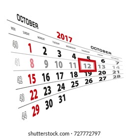 October 12, highlighted on 2017 calendar. Week starts from Sunday. Vector Illustration.