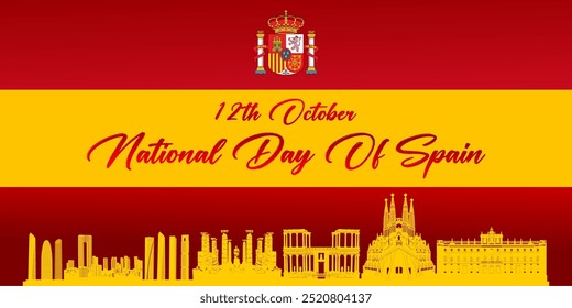 October 12, national day spain, vector template with spanish flag and silhouettes of popular landmarks. Hispanidad holiday october 12th. Happy Spain National day greeting