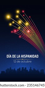 12 de octubre, día nacional españa, hispanidad. bandera española de los fuegos artificiales coloridos sobre fondo azul del cielo nocturno. Fiesta de Hispanidad. Tarjeta de felicitación. Vector. Día Nacional de Traducción 12 de octubre