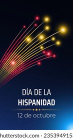 12 de octubre, día nacional españa, hispanidad. bandera española de los fuegos artificiales coloridos sobre fondo azul del cielo nocturno. Fiesta de Hispanidad. Tarjeta de felicitación. Vector. Día Nacional de Traducción 12 de octubre