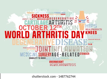 October 12 World arthritis day. Osteoarthritis tag cloud for medical design. Bones injury. Arthritis lettering poster. Rheumatism concept. Editable vector illustration isolated on light background