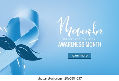 October 14, 2021 - Prostate Cancer Blue Awareness Ribbon Background. Prostate cancer awareness symbol, isolated on blue background. Vector illustration