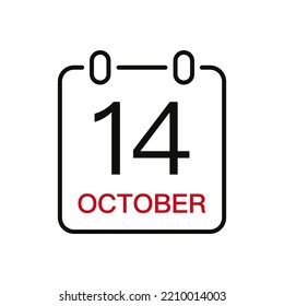 October 14 date on the calendar, vector line stroke icon for user interface. Calendar with date, vector illustration.