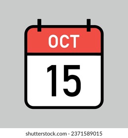 october 15, red and white color calendar page with black outline, calendar date vector illustration