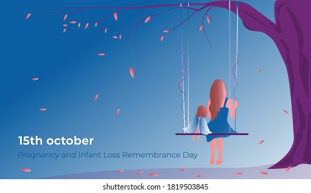 
October 15th is Pregnancy and Infant Loss Remembrance Day. 
Falling leaves. Woman with a baby angel sitting on a swing.