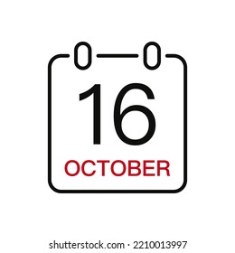 October 16 date on the calendar, vector line stroke icon for user interface. Calendar with date, vector illustration.