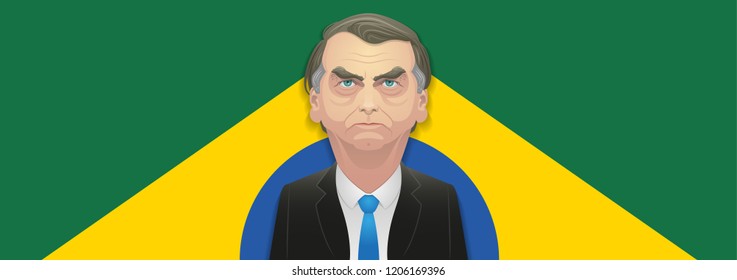 October 17, 2018 - Jair Bolsonaro caricature. Right-wing candidate in front of half brazilian flag.