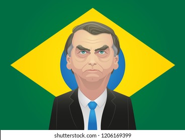 October 17, 2018 - Jair Bolsonaro Caricature. Right-wing Candidate In Front Of The Brazilian Flag.