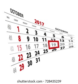October 19, highlighted on 2017 calendar. Week starts from Sunday. Vector Illustration.