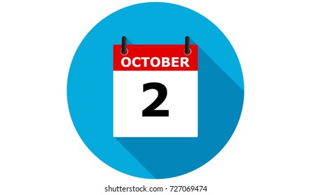 october 2 calendar vector flat icon with long shadow