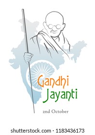 October 2. Gandhi Jayanti. India. Abstract sketch of Mahatma Gandhi with Ashoka Chakra on the silhouette of the map of India. Vector illustration.