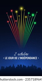 October 2, guinea independence day, colorful fireworks flag on blue night sky background. Greeting card. Guinea national holiday. Vector. Translation October 2nd Independence Day