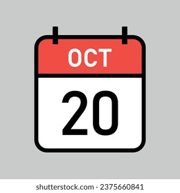 october 20, red and white color calendar page with black outline, calendar date vector illustration