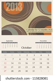 October. 2013 Calendar. Optima fonts used. A3