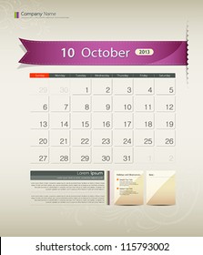 October 2013 calendar ribbon design, vector illustration