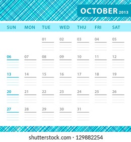 October 2013 planning calendar with space for notes. Checked blue texture in background.